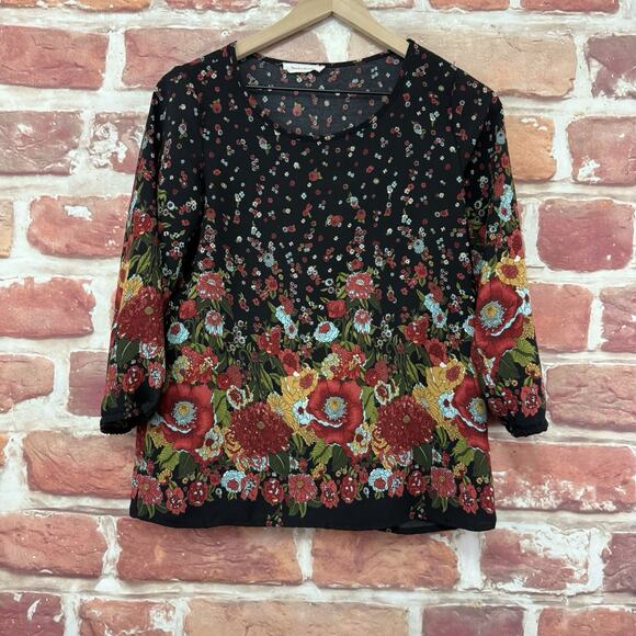 Newbury Kustom Top Women's Small Black Multicolor Flower Bomb Casual Shirt - Picture 7 of 9